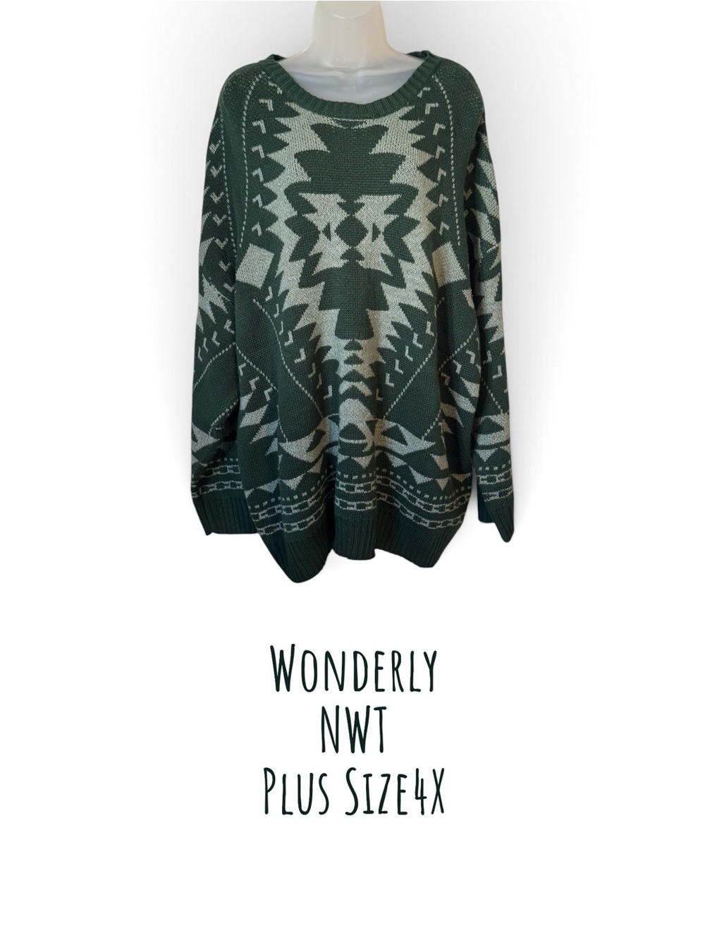 Wonderly Green Aztec-Pattern Crewneck Sweater
